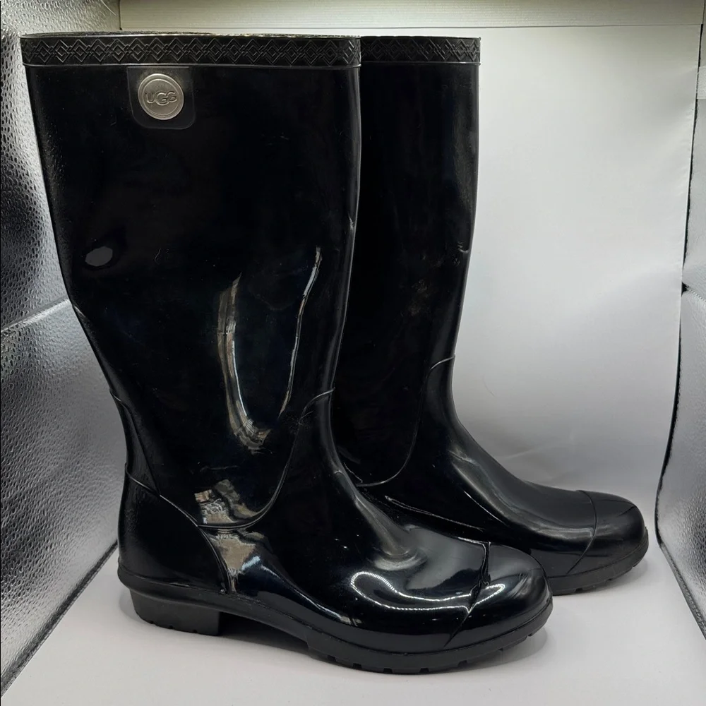 UGG Shaye Gloss Tall Rain Boots Black Waterproof Rubber Boot Size 8